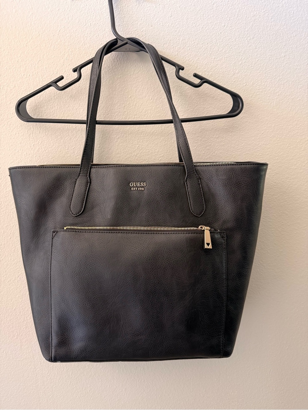 GUESS Black Faux Leather Zip Tote Shoulder Bag Gold Hardware Work Purse